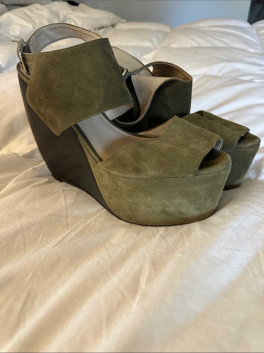 Loeffler Randall suede leather/wood platform wedge